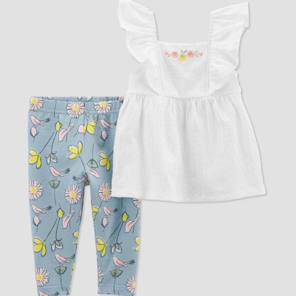 Carters Baby Girl 2-Piece Ruffle Top & Floral Legging Spring Outfit Set Size 12M